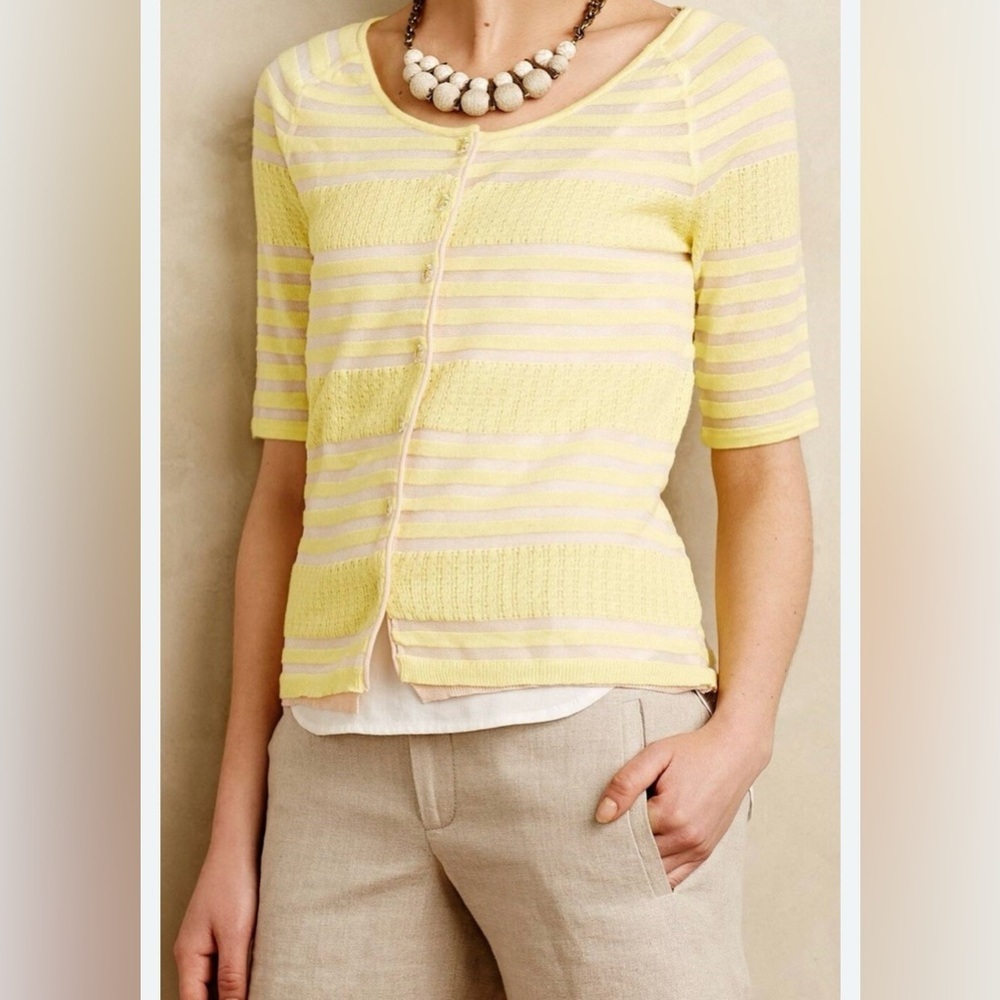 Anthropologie Moth Yellow Striped Button Up Short Sleeve Cardigan Top - Size M